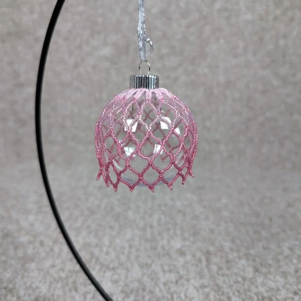 Hand Beaded Clear Plastic Christmas Ornament Pink Beaded Cover‎ Silver Cap